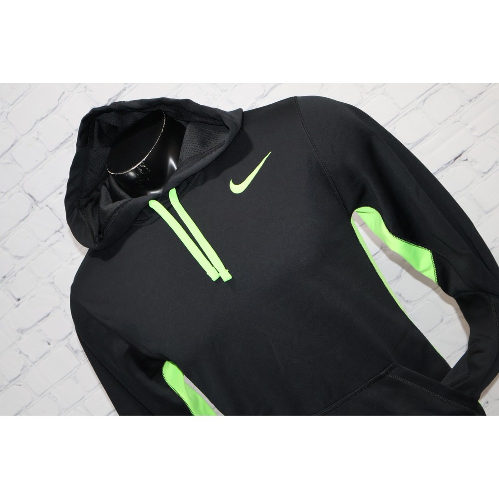 Nike Hoodie Mens Small Black Neon Green Therma-Fit Pullover Sweatshirt